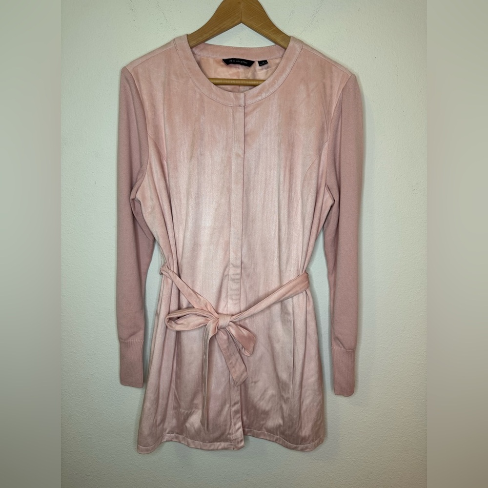 NEW H by Halston Light Pink Long Sleeve Sweater Jacket with Tie Suede Feel
